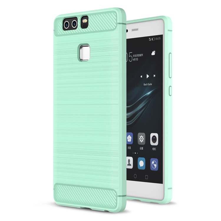 Rugged Armor Brushed TPU Soft Cover with Carbon Fiber Decorated for Huawei P9 - Cyan-1