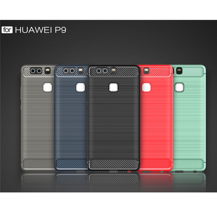 Rugged Armor Brushed TPU Soft Cover with Carbon Fiber Decorated for Huawei P9 - Cyan-2