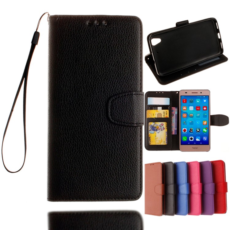 Litchi Texture Leather Wallet Case for Huawei Y6II / Honor 5A with Hand Strap - Black-1