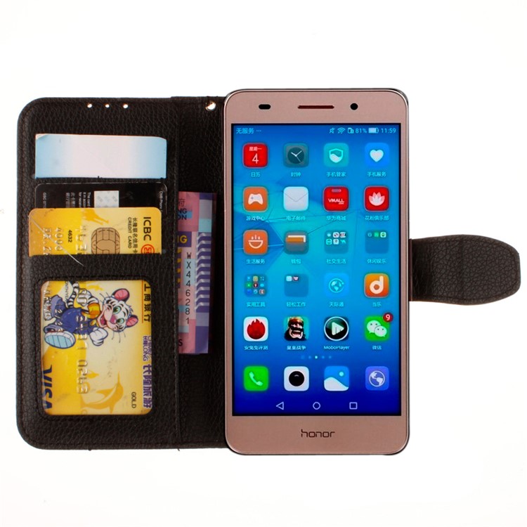Litchi Texture Leather Wallet Case for Huawei Y6II / Honor 5A with Hand Strap - Black-8