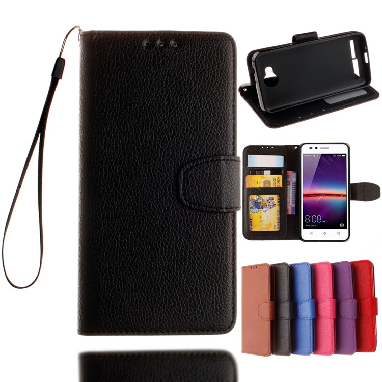 Litchi Skin Leather Wallet Case for Huawei Y3 II / Y3II - Black-1