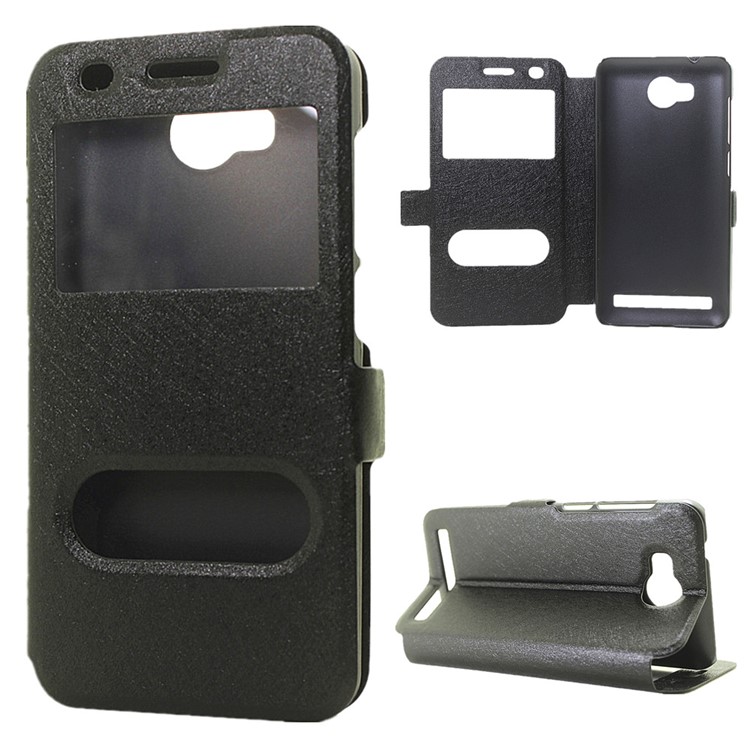 Silk Texture Dual View Window Leather Case for Huawei Y3 II / Y3II - Black-1