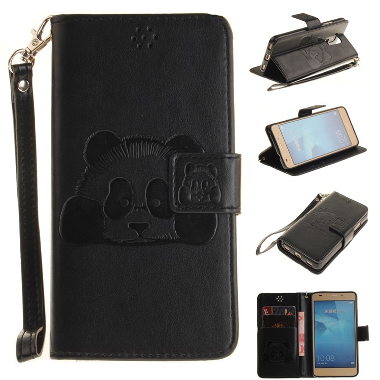 Imprint Panda Wallet Leather Stand Case with Lanyard for Huawei Honor 5C / GT3 - Black-1