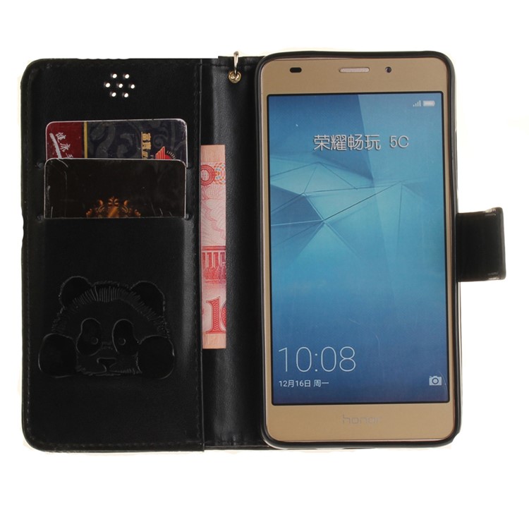 Imprint Panda Wallet Leather Stand Case with Lanyard for Huawei Honor 5C / GT3 - Black-9