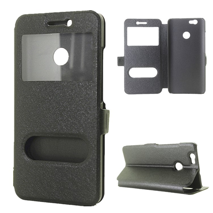 Silk Texture Dual View Window Leather Stand Case for Huawei nova - Black-1