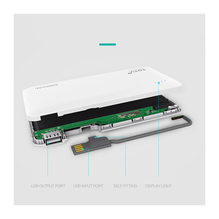 TOTU 6000mAh Dual USB Power Bank Built-in Micro USB + USB Cable for Samsung Huawei etc - White-14