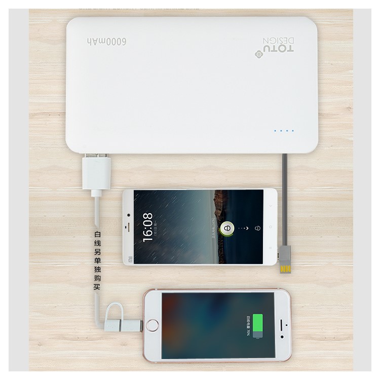 TOTU 6000mAh Dual USB Power Bank Built-in Micro USB + USB Cable for Samsung Huawei etc - White-3