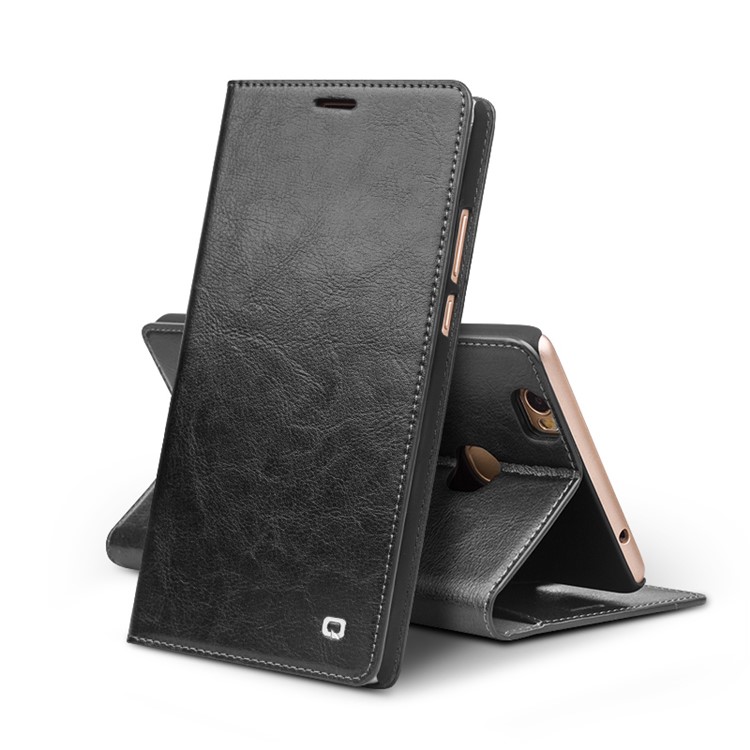 QIALINO Crazy Horse Genuine Leather Wallet Stand Case for Huawei Honor Note 8 - Black-1