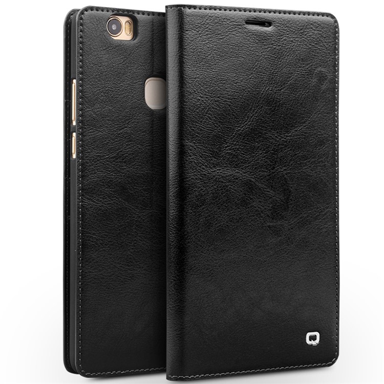 QIALINO Crazy Horse Genuine Leather Wallet Stand Case for Huawei Honor Note 8 - Black-3