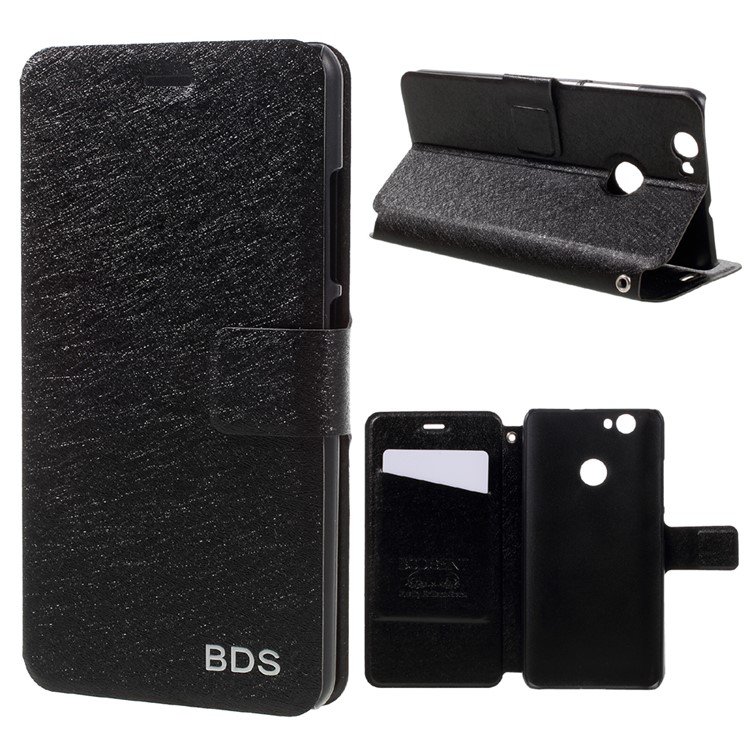 Silk Grain Card Holder Leather Stand Case for Huawei nova - Black-1
