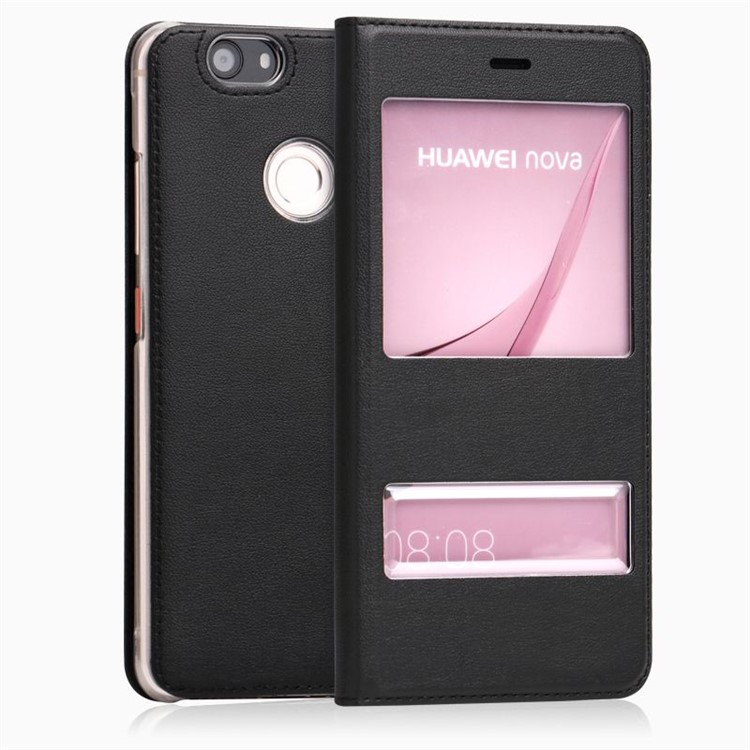 Dual Window Leather Flip Phone Case for Huawei Nova - Black-1