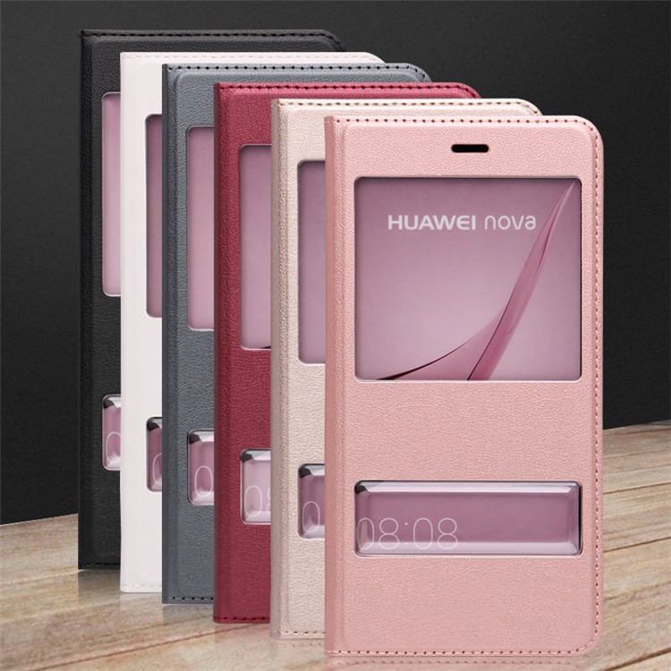 Dual Window Leather Flip Phone Case for Huawei Nova - Black-2