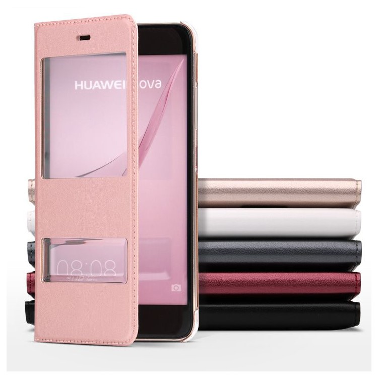 Dual Window Leather Flip Phone Case for Huawei Nova - Black-3