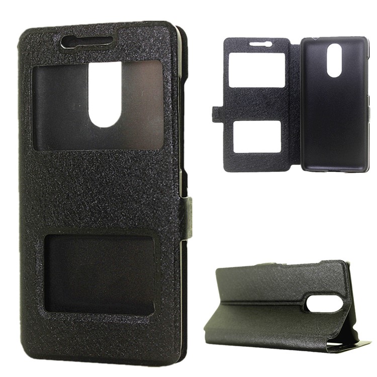 Silk Texture Dual View Window Leather Case for Huawei Enjoy 6 - Black-1