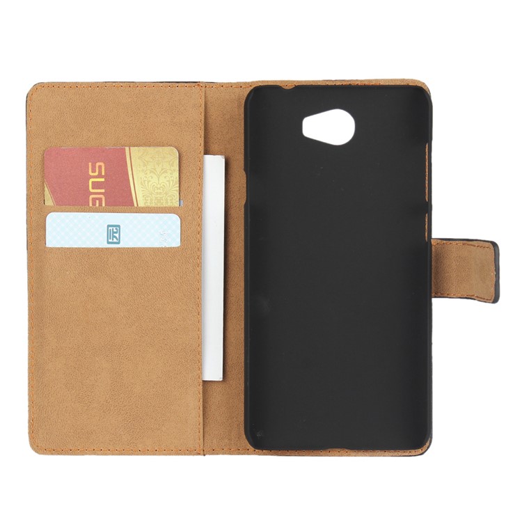 Genuine Split Leather Wallet Stand Case for Huawei Y6 II/Y6II Compact - Black-4