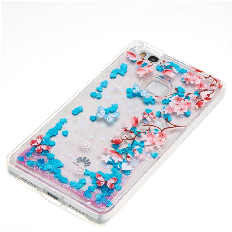 Pattern Printing Glittery TPU Liquid Case for Huawei P9 Lite / G9 Lite - Blue / Flowers & Butterflies-4
