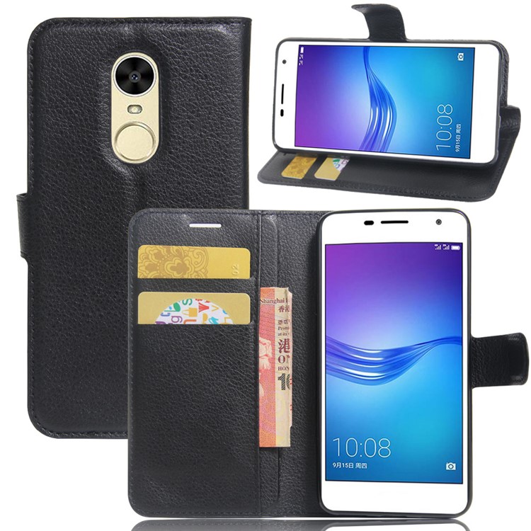 Litchi Skin Leather Wallet Case for Huawei Enjoy 6 - Black-1