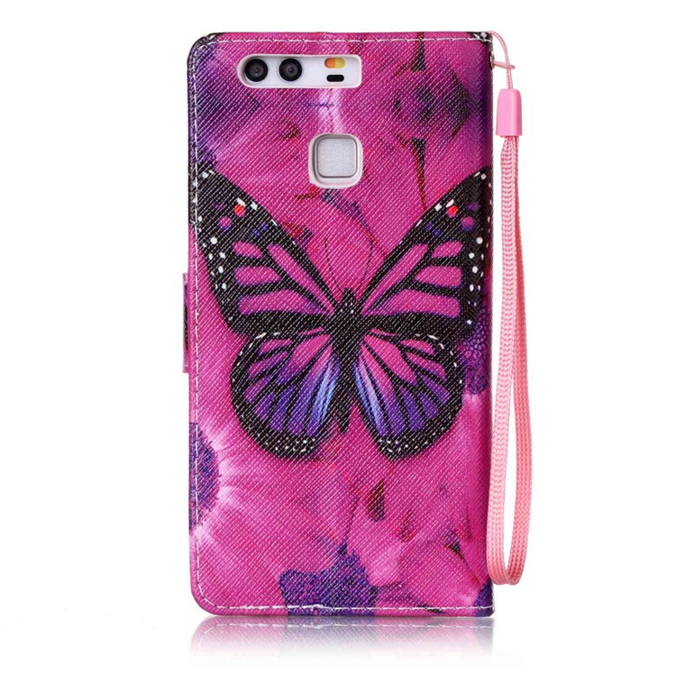Pattern Printing Leather Case with Hand Strap for Huawei P9 - Beautiful Butterfly and Flower-2