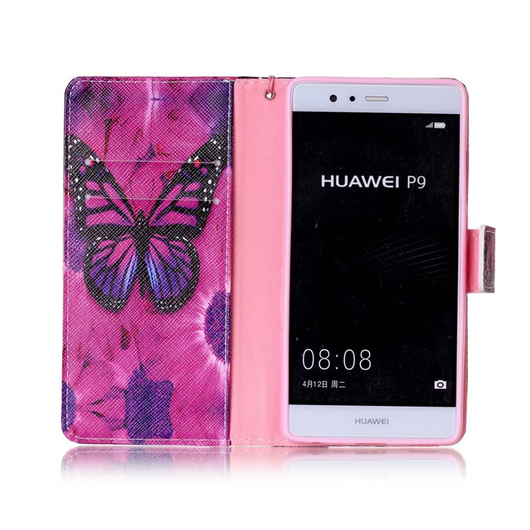 Pattern Printing Leather Case with Hand Strap for Huawei P9 - Beautiful Butterfly and Flower-3