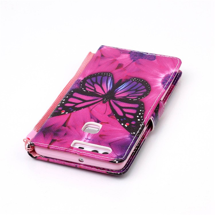 Pattern Printing Leather Case with Hand Strap for Huawei P9 - Beautiful Butterfly and Flower-6