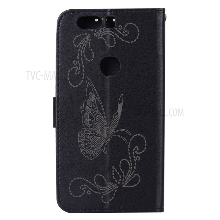 Laser Carving Butterfly Leather Wallet Case for Huawei Honor V8 - Black-2