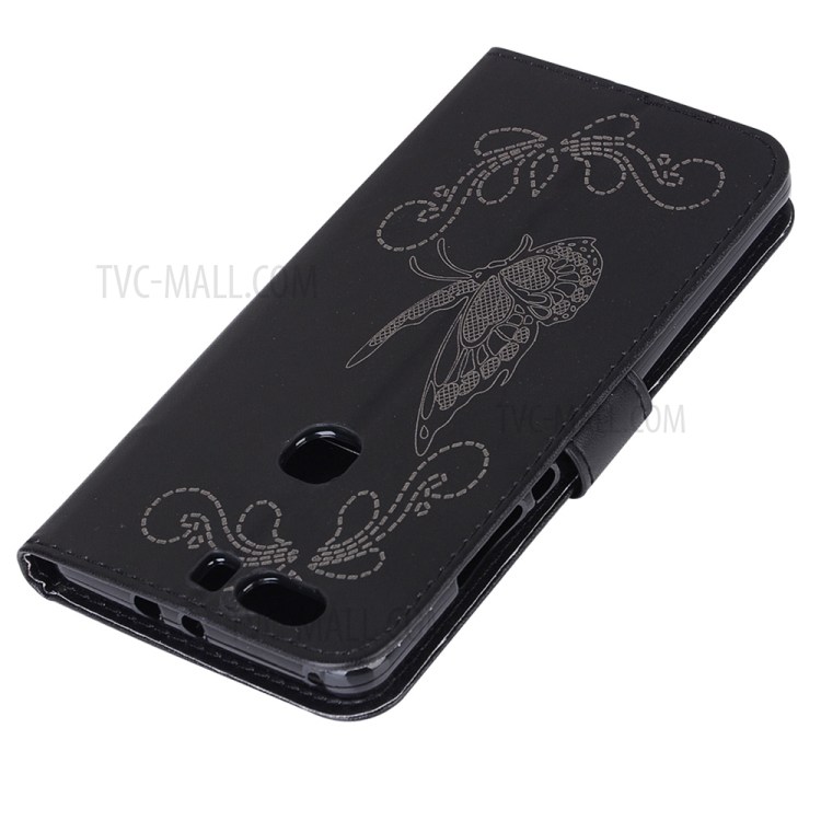 Laser Carving Butterfly Leather Wallet Case for Huawei Honor V8 - Black-4