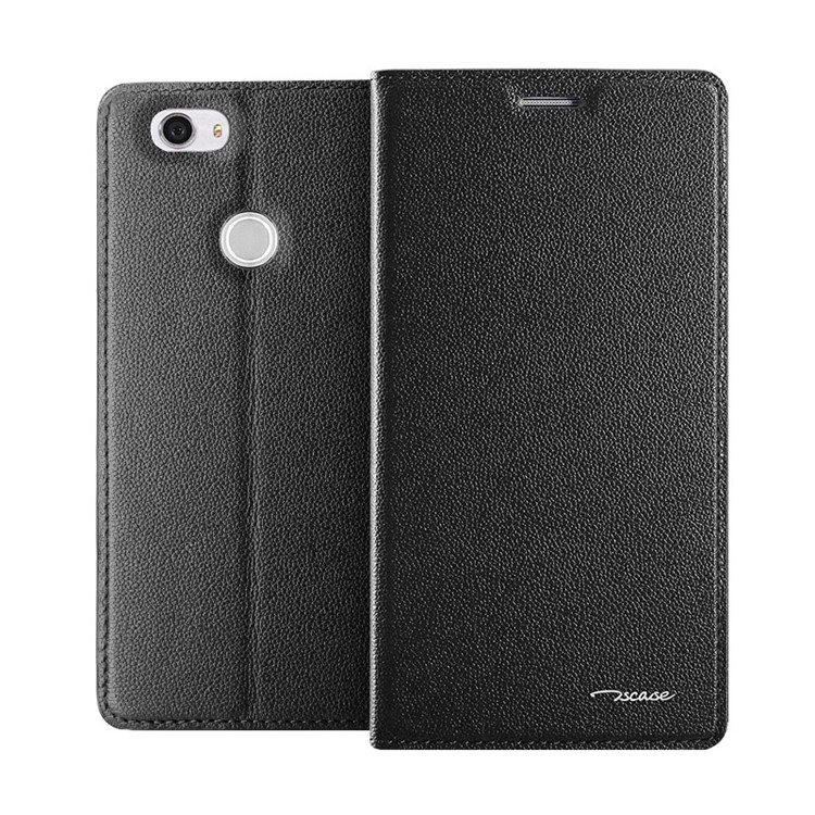 TSCASE Litchi Genuine Leather Folio Stand Case for Huawei Nova - Black-1