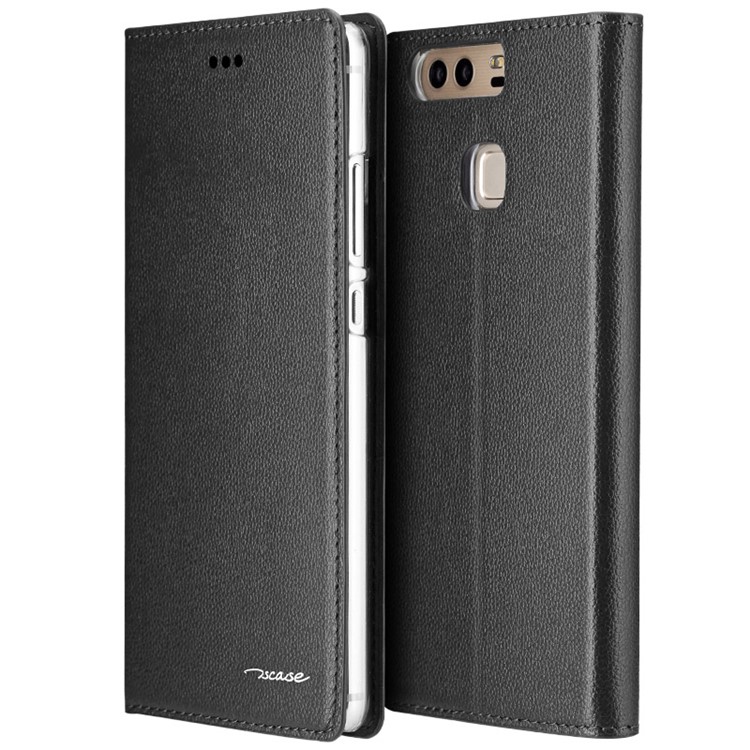 TSCASE Litchi Genuine Leather Folio Stand Case for Huawei P9 - Black-1