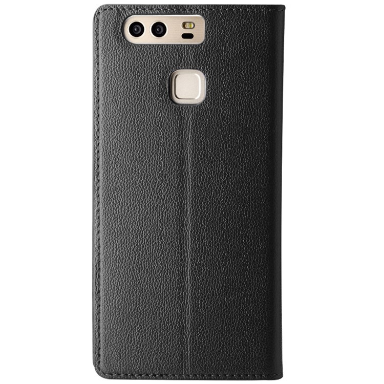 TSCASE Litchi Genuine Leather Folio Stand Case for Huawei P9 - Black-3