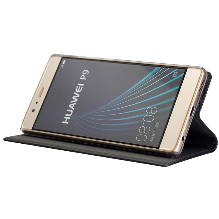TSCASE Litchi Genuine Leather Folio Stand Case for Huawei P9 - Black-4
