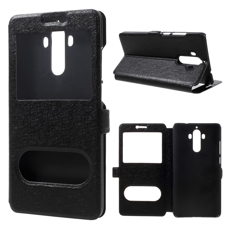 Silk Texture Dual View Window Leather Stand Case for Huawei Mate 9 - Black-1