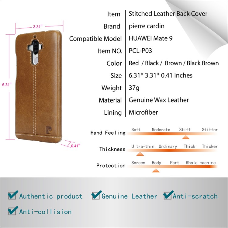 PIERRE CARDIN for Huawei Mate 9 Genuine Leather Coated Hard Mobile Case - Brown-10