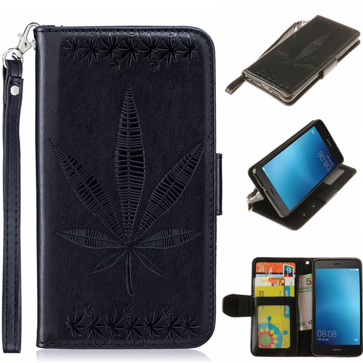 Imprint Maple Leaves Leather Wallet Case for Huawei P9 Lite / G9 Lite - Black-1