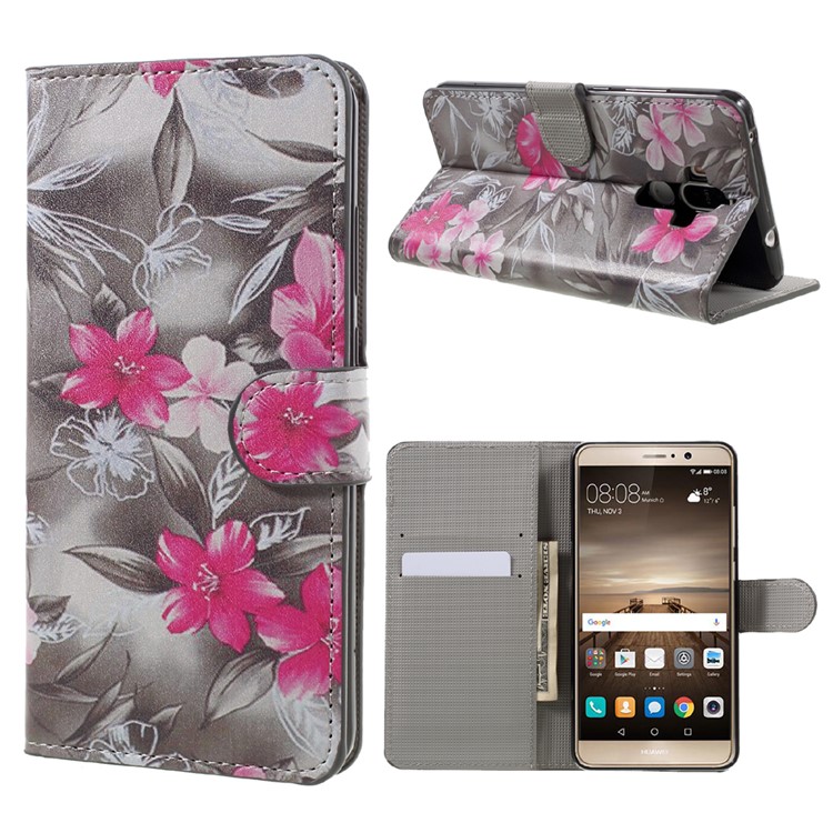 Patterned Wallet Cell Phone Case Flip Leather for Huawei Mate 9 - Red Blooming Flowers-1