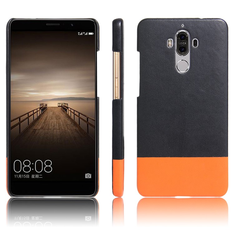Contrast Color Leather Coated Hard Cell Phone Case for Huawei Mate 9 - Black / Orange-1