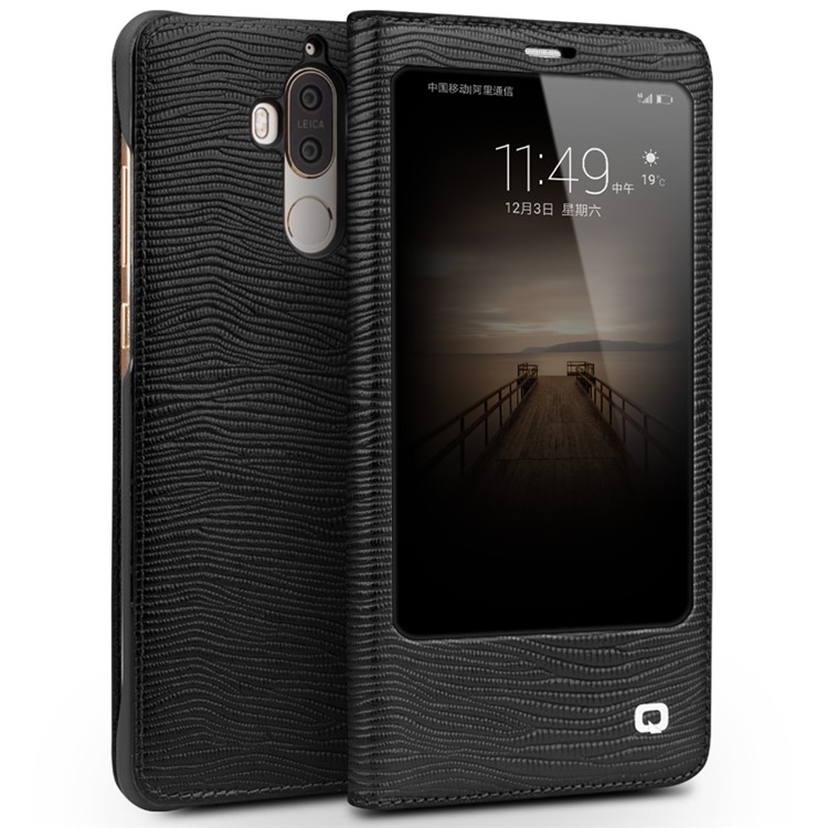 QIALINO for Huawei Mate 9 Business Smart View Window Lizard Genuine Cowhide Leather Case - Black-1