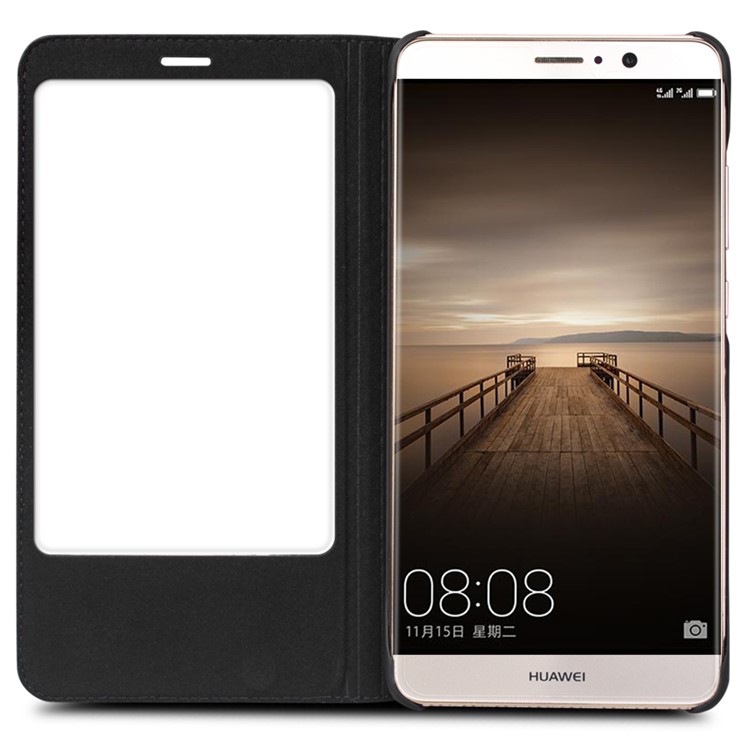 QIALINO for Huawei Mate 9 Business Smart View Window Lizard Genuine Cowhide Leather Case - Black-2