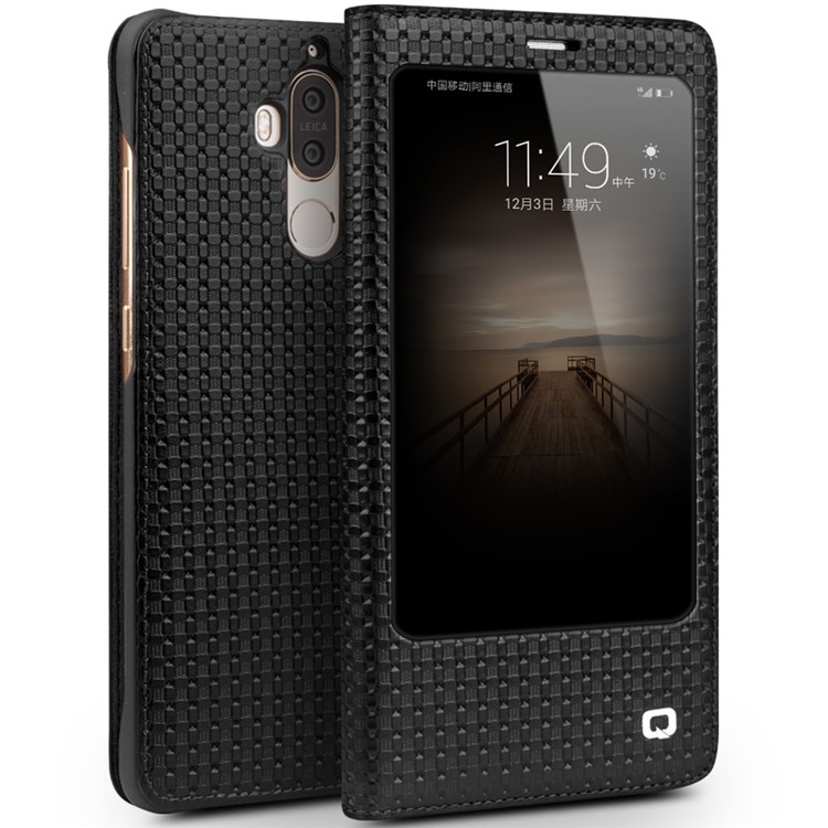 QIALINO for Huawei Mate 9 Smart View Window Grid Texture Genuine Cowhide Leather Business Case - Black-1