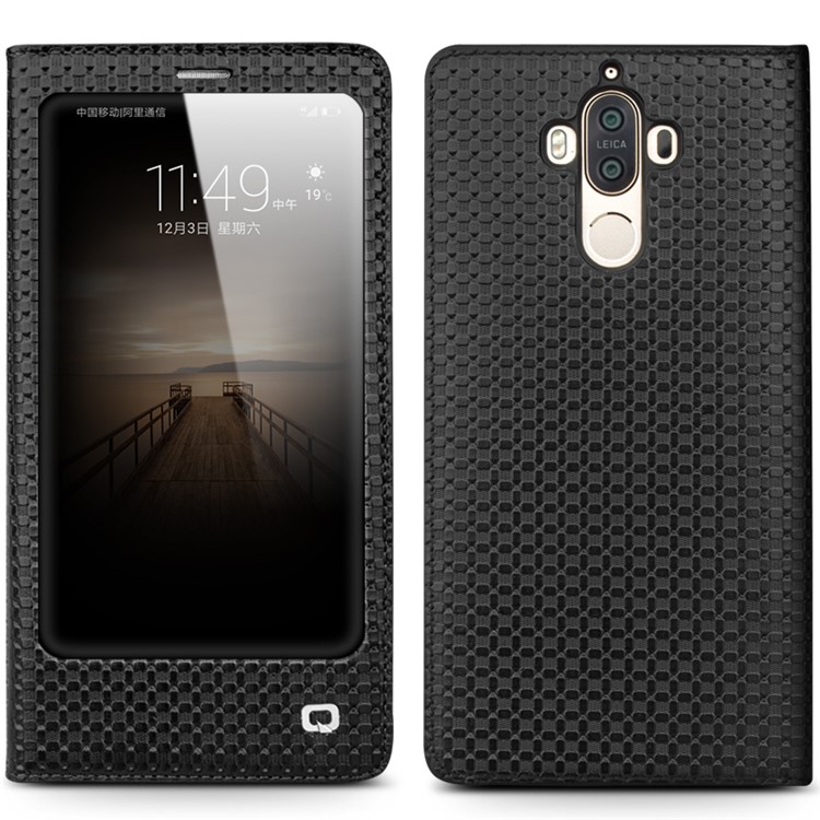 QIALINO for Huawei Mate 9 Smart View Window Grid Texture Genuine Cowhide Leather Business Case - Black-3