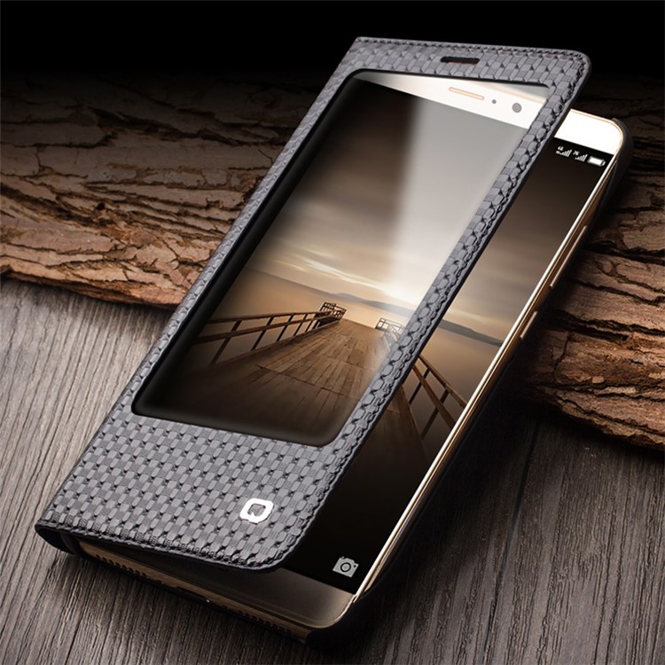QIALINO for Huawei Mate 9 Smart View Window Grid Texture Genuine Cowhide Leather Business Case - Black-7