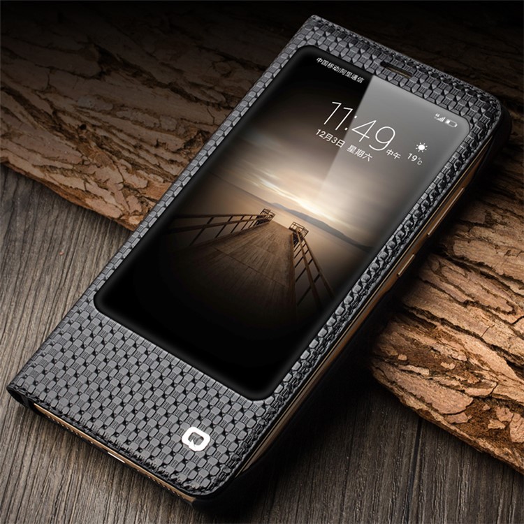 QIALINO for Huawei Mate 9 Smart View Window Grid Texture Genuine Cowhide Leather Business Case - Black-8