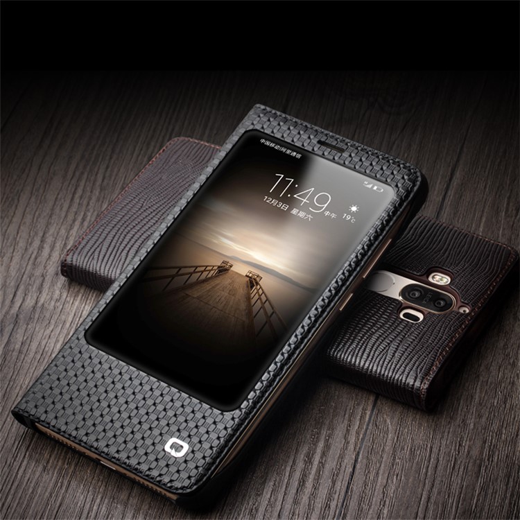 QIALINO for Huawei Mate 9 Smart View Window Grid Texture Genuine Cowhide Leather Business Case - Black-9