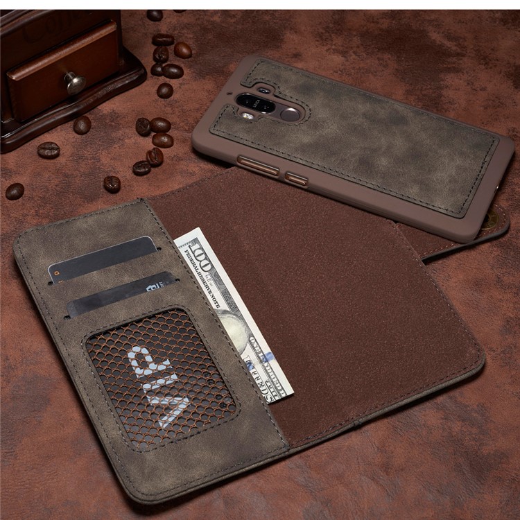 Vintage Leather Wallet Cover + Detachable PC Back Case for Huawei Mate 9 - Grey-6