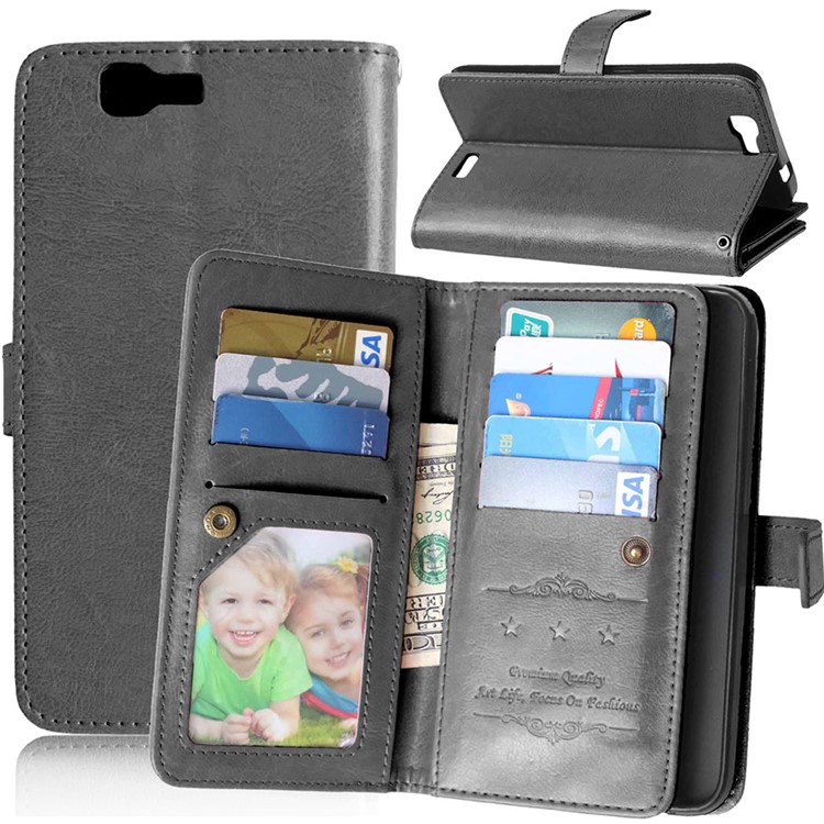 Multi 9 Card Slots Crazy Horse Leather Wallet Stand Case for Huawei Ascend G7 - Black-1