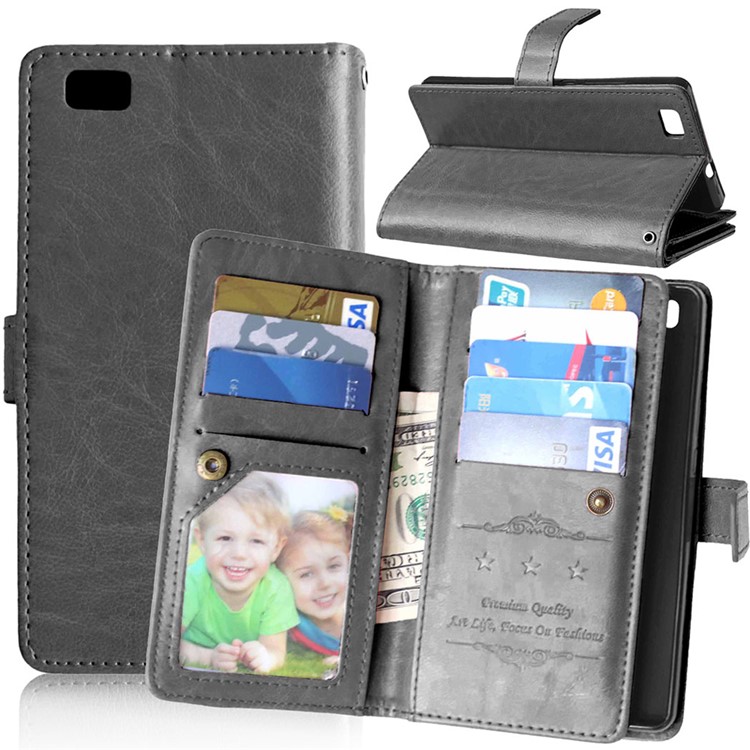 9 ID/Credit Card Slots Crazy Horse Leather Wallet Case for Huawei P8 Lite - Black-1