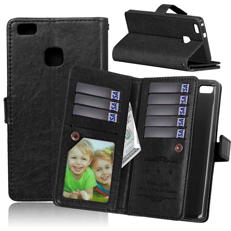 9 Card Slots Wallet Crazy Horse Leather Mobile Case for Huawei P9 Lite / G9 Lite - Black-1