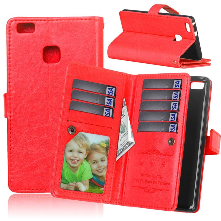 Für Huawei P9 Lite / G9 Lite Brieftasche 9 Kartenfächer Crazy Horse Ledertasche Zubehör - Rot-1