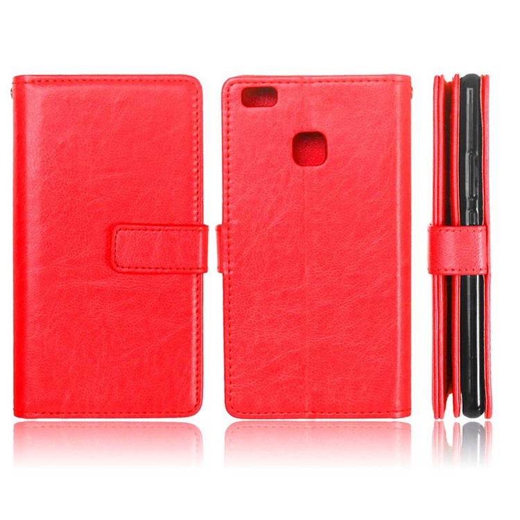 Für Huawei P9 Lite / G9 Lite Brieftasche 9 Kartenfächer Crazy Horse Ledertasche Zubehör - Rot-2