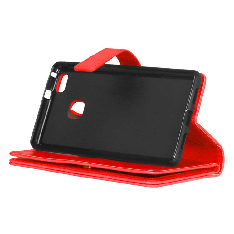Für Huawei P9 Lite / G9 Lite Brieftasche 9 Kartenfächer Crazy Horse Ledertasche Zubehör - Rot-5