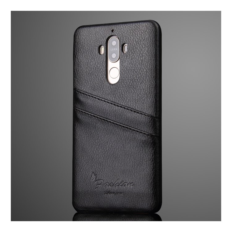 Card Holders Litchi Split Genuine Leather Coated PC Case for Huawei Mate 9 - Black-1